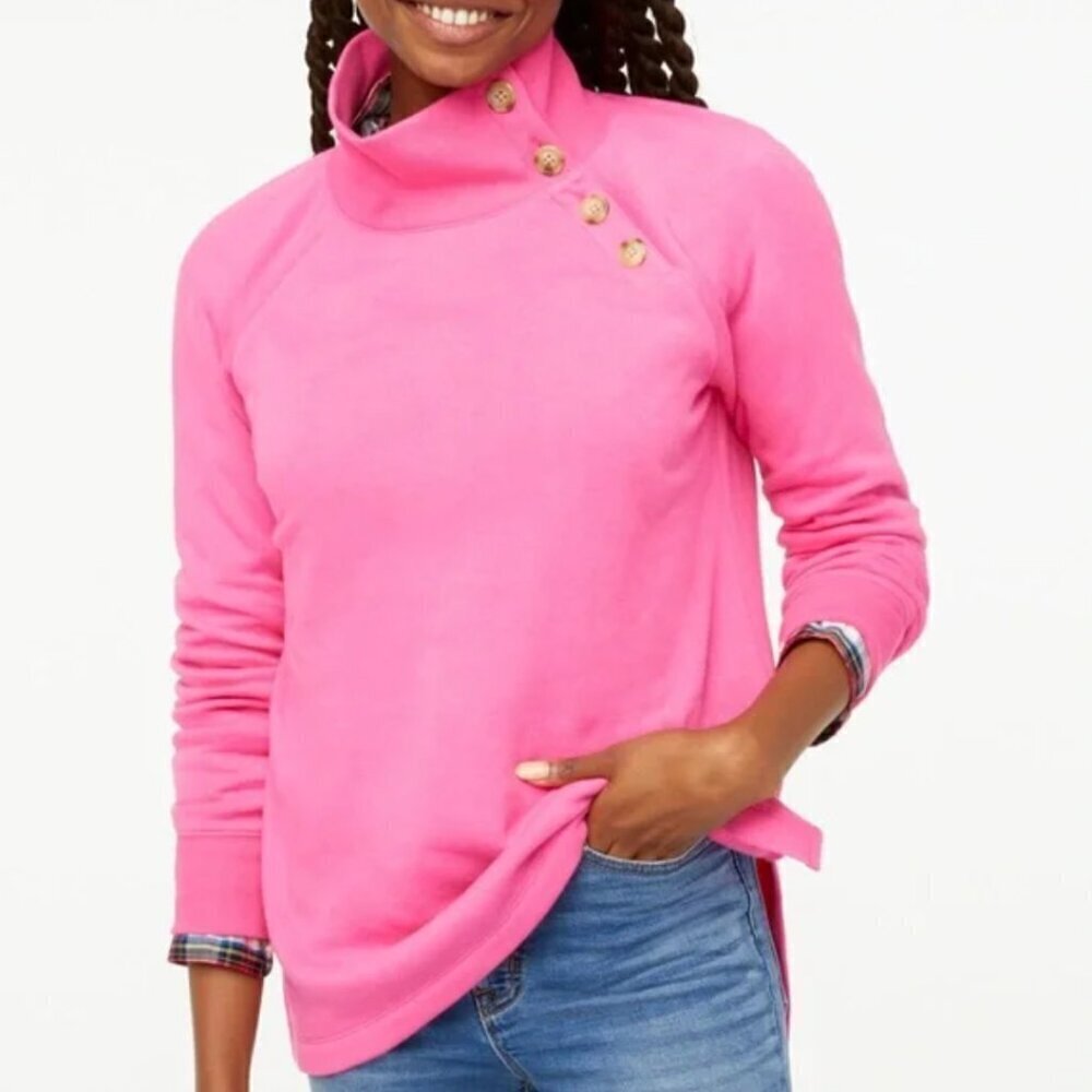 J. Crew Hot Pink Wide Button Collar Cloudspun Fleece Pullover Sweatshirt S